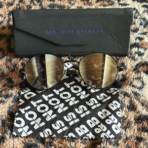 HER x DIFF Eyewear Driver Round Sunglasses Black Gold Mirror w Case